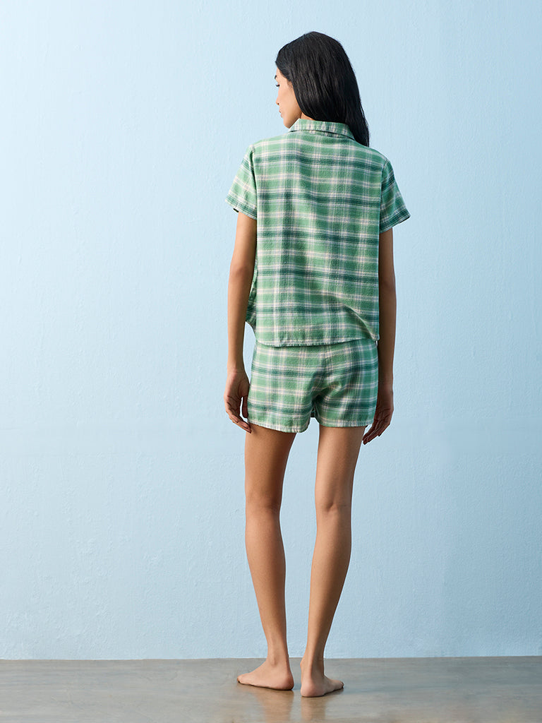 Superstar Green Flannel Checkered High-Rise Cotton Shorts
