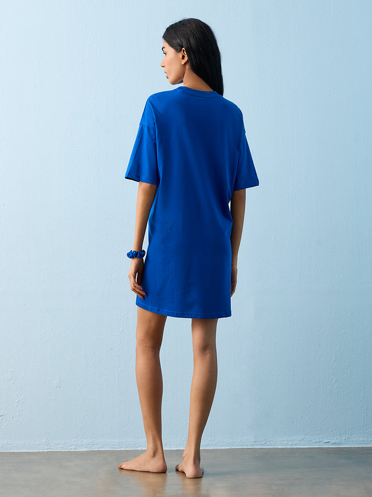 Superstar Blue Typographic Cotton T-Shirt Dress