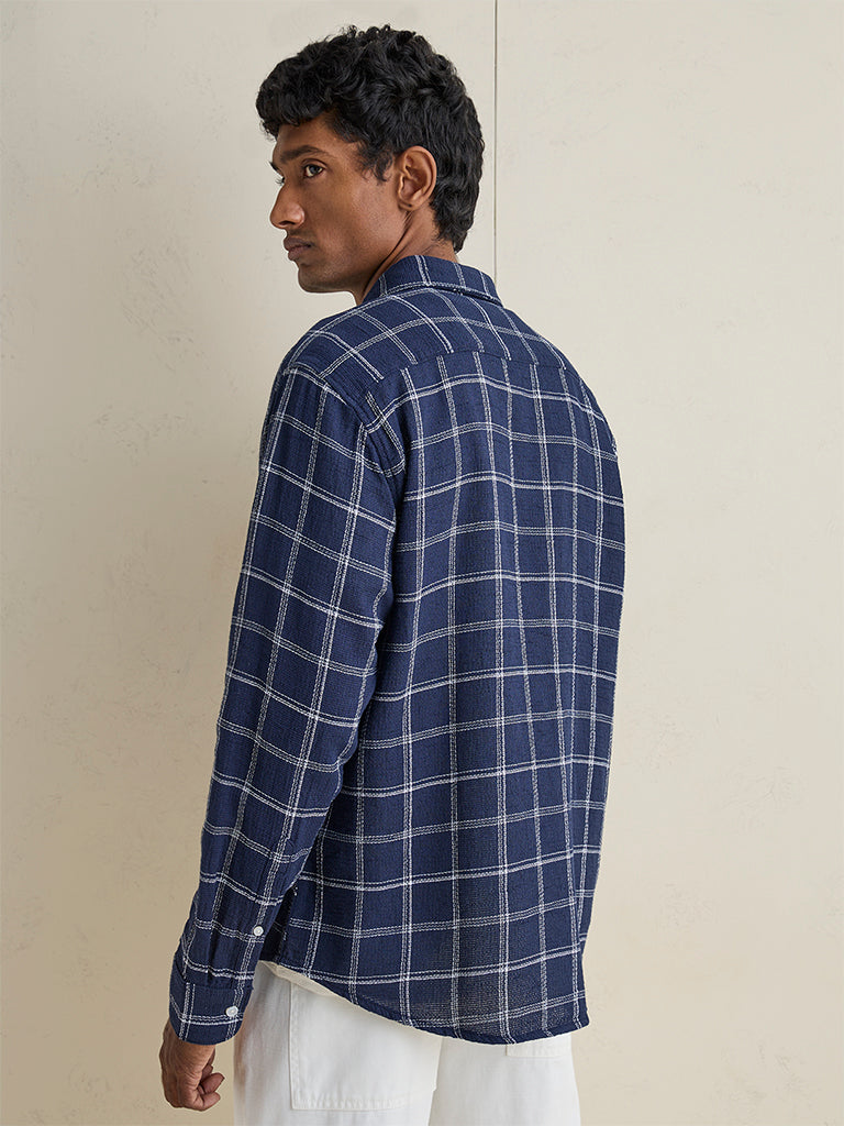 WES Casuals Navy Checkered Relaxed-Fit Cotton Shirt