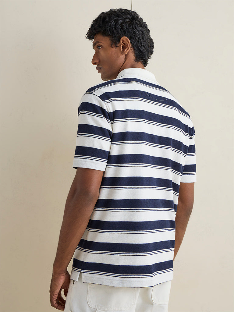WES Casuals Navy Striped Relaxed-Fit Cotton Polo T-Shirt