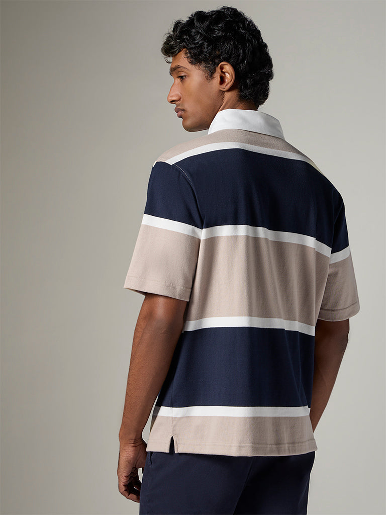WES Casuals Navy Striped Relaxed-Fit Polo T-Shirt