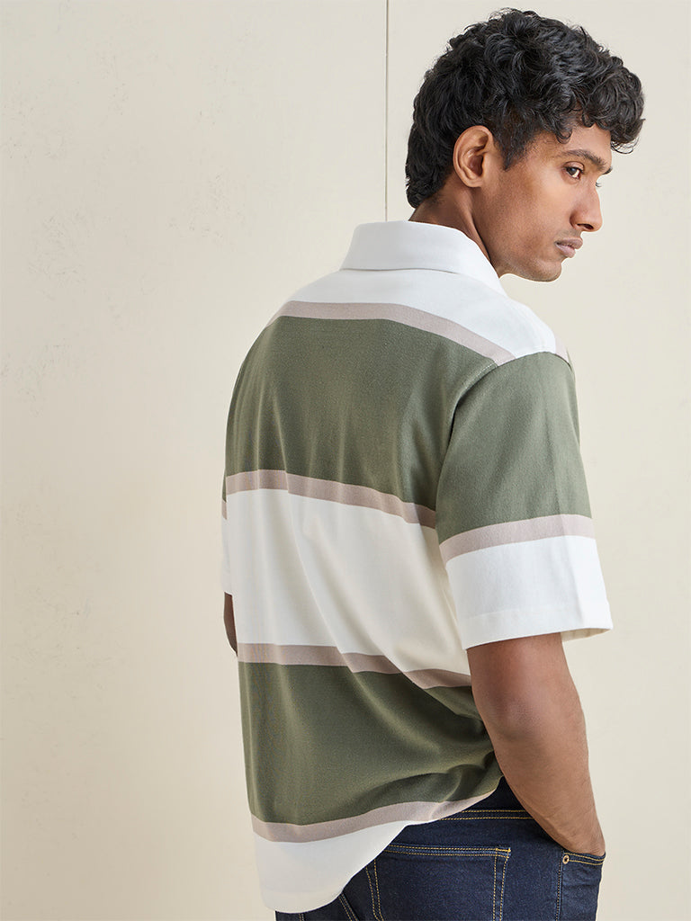 WES Casuals Sage Green Striped Relaxed-Fit Polo T-Shirt