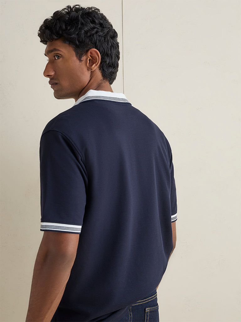 WES Casuals Navy Waffle-Textured Relaxed-Fit Cotton Polo T-Shirt