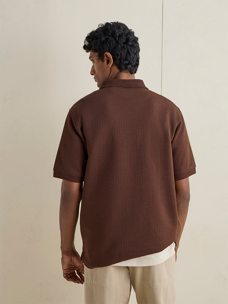 WES Casuals Brown Textured Relaxed-Fit Cotton-Blend Polo T-Shirt