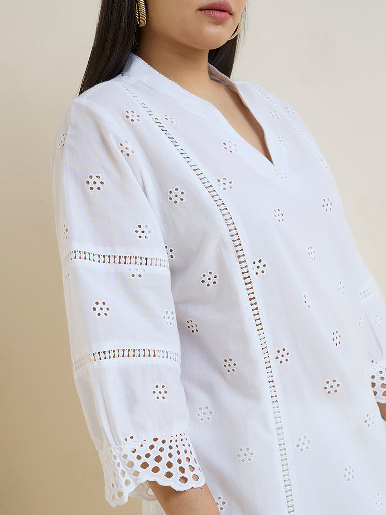 Diza White Schiffli Embroidered Cotton Straight Kurta