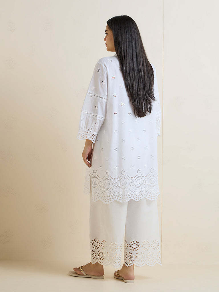 Diza White Schiffli Embroidered Cotton Straight Kurta