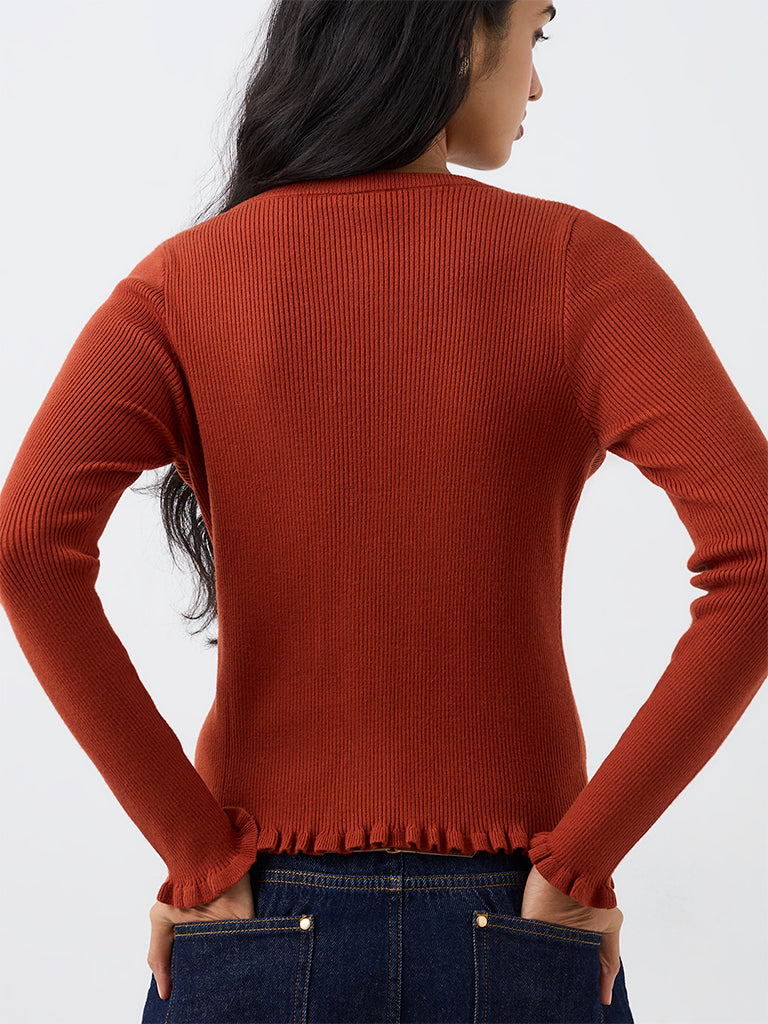 LOV Rust Ribbed-Knit Ruffled Cardigan