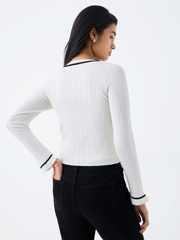 LOV White Ribbed-Textured Cotton-Blend Top