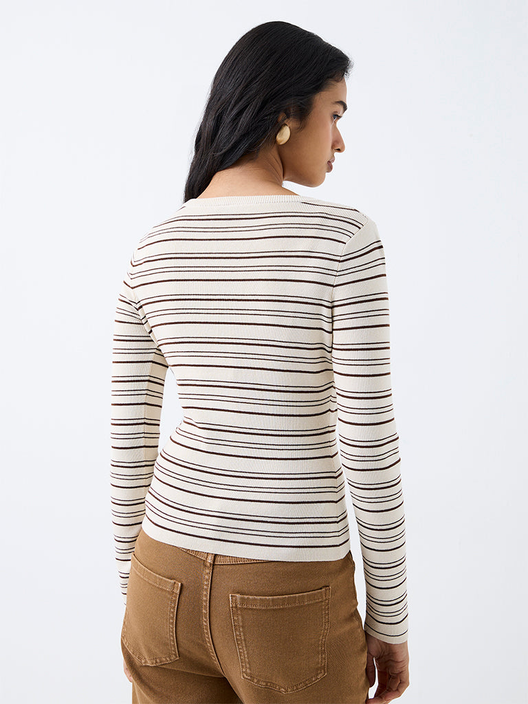 LOV Dark Brown Rib-Knitted Striped Top