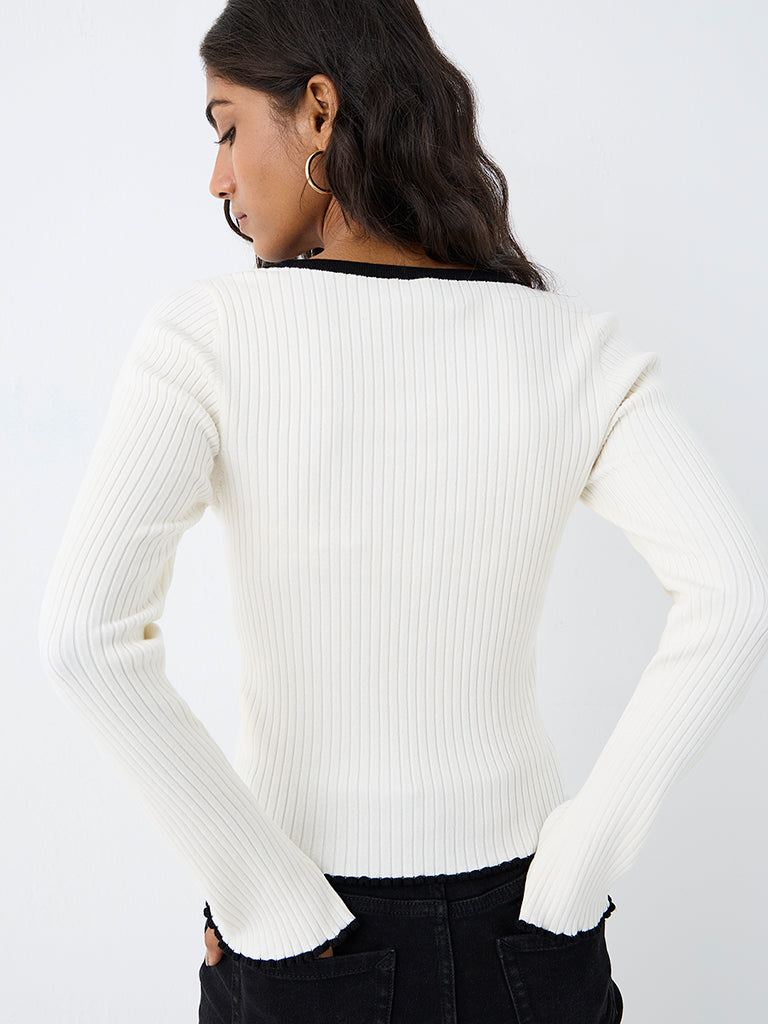 LOV White Ribbed Bow-Detail Top