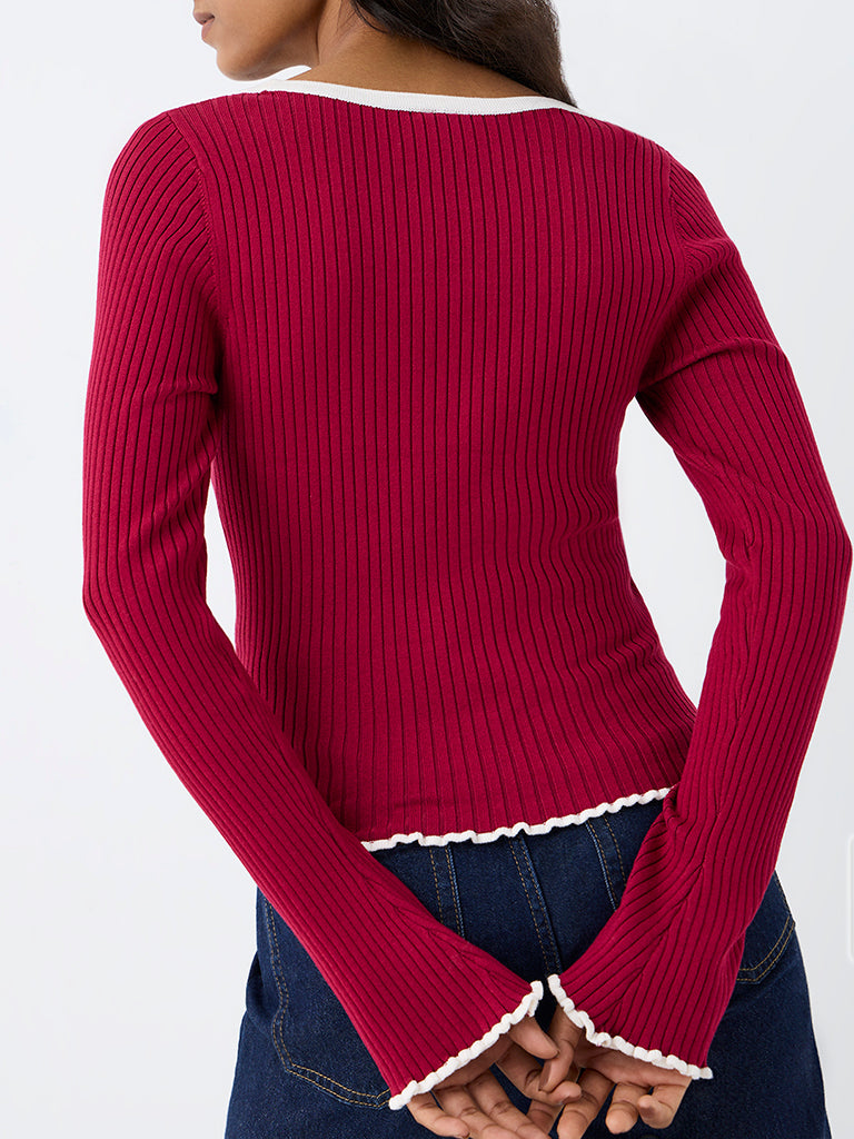 LOV Burgundy Ribbed Bow-Detail Top