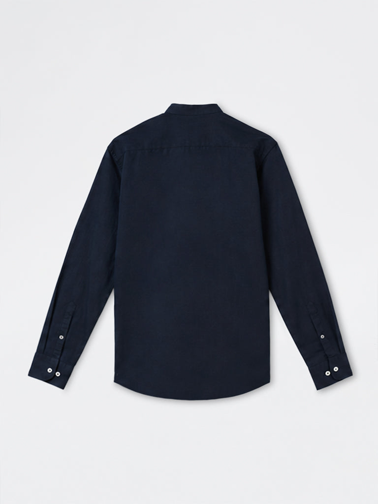 Ascot Navy Solid Relaxed-Fit Linen-Blend Shirt