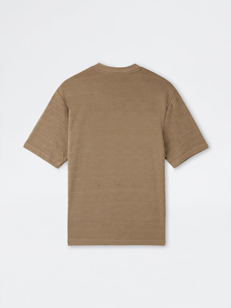 WES Lounge Dark Beige Self-Striped Relaxed-Fit T-Shirt