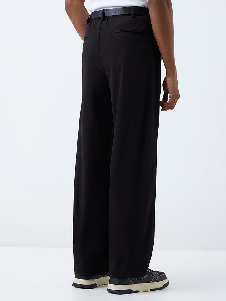 Nuon Black Pleated Loose-Fit Mid-Rise Cotton Trousers