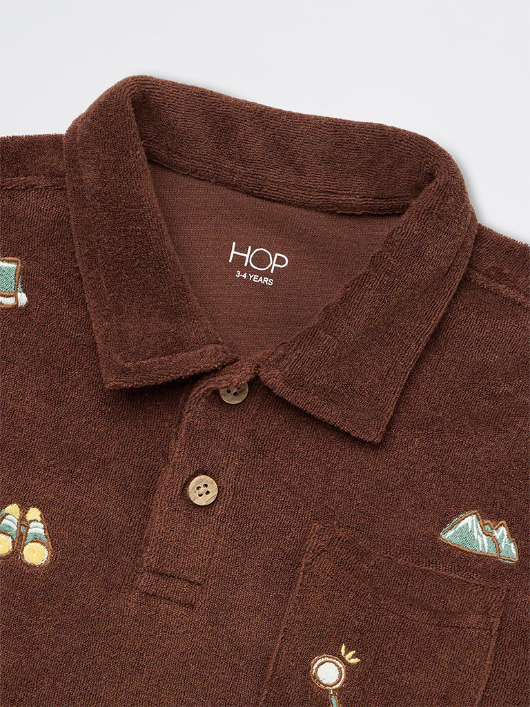 HOP Kids Boys Dark Brown Textured Cotton Polo T-Shirt
