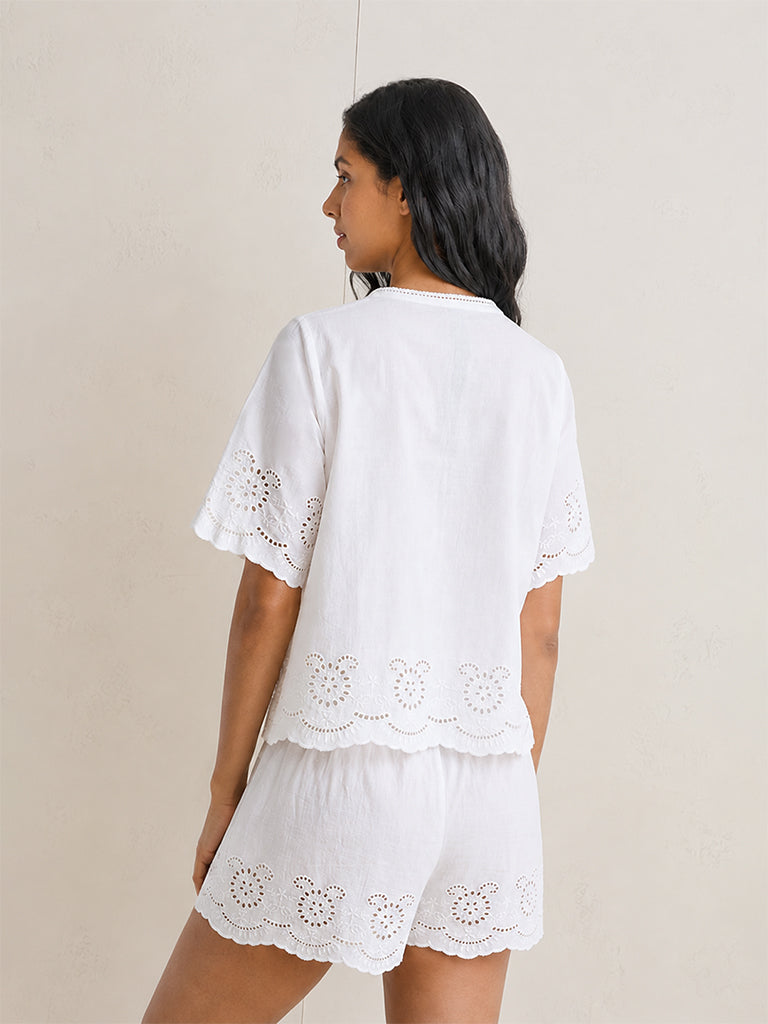 Wunderlove White Broderie Anglaise Cotton Beach Top