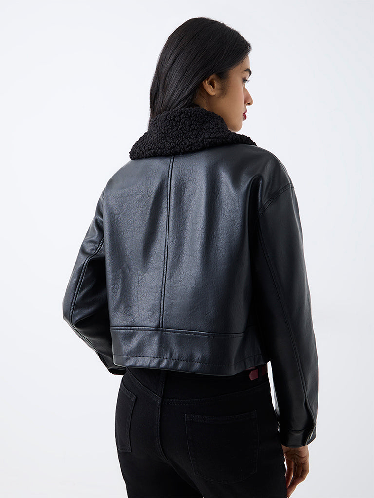 LOV Black Borg-Collar Faux Leather Cotton Jacket