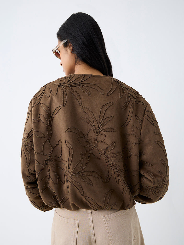 LOV Brown Floral Embroidered Suede Jacket