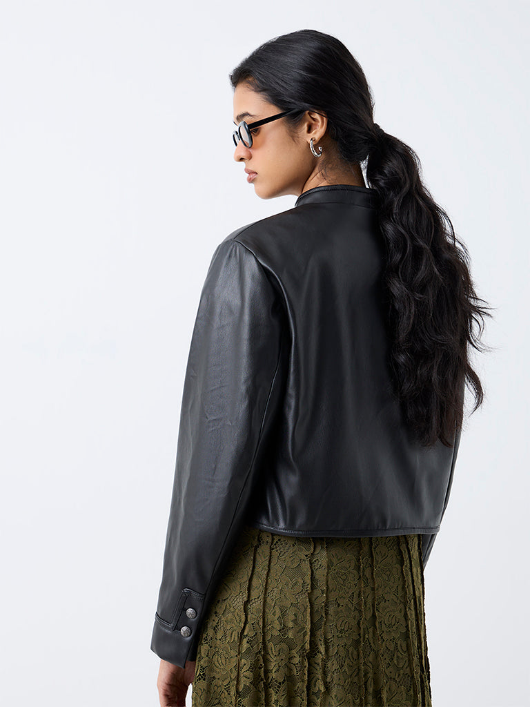 LOV Black Faux Leather Jacket with Frog Fastening