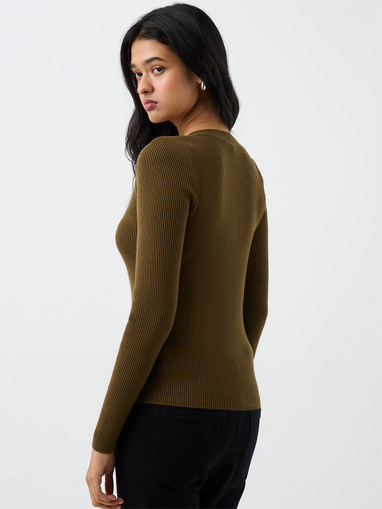 LOV Dark Olive Ribbed-Knit Top