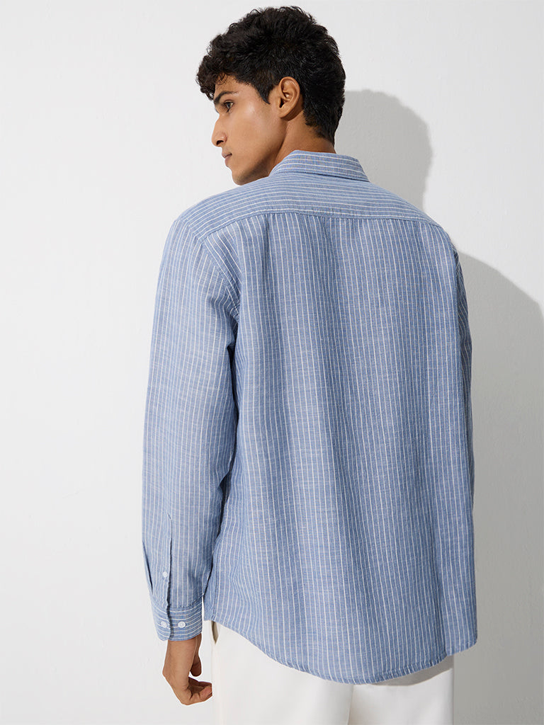 WES Casuals Blue Striped Relaxed-Fit Cotton-Blend Shirt