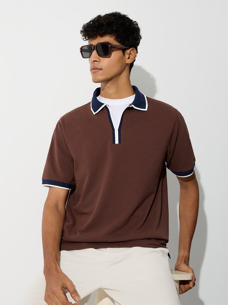 WES Casuals Brown Relaxed-Fit Cotton-Blend Polo T-Shirt