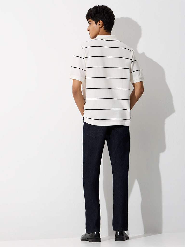 WES Casuals White Striped Relaxed-Fit Cotton Polo T-Shirt