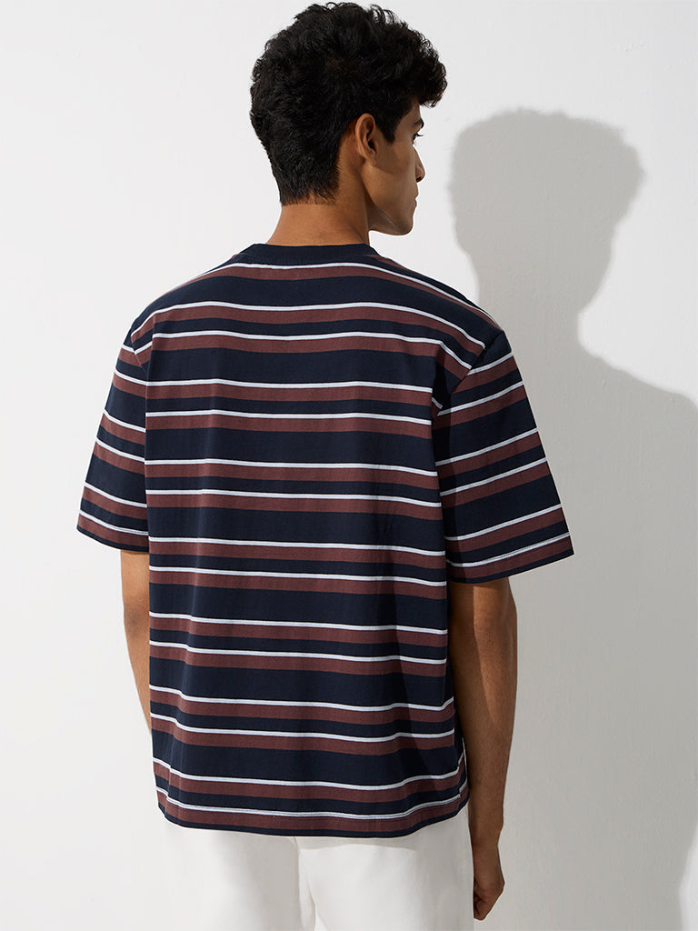 WES Casuals Navy Striped Relaxed-Fit Cotton T-Shirt