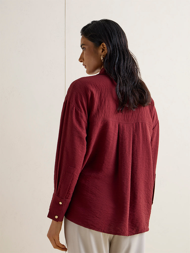 Wardrobe Maroon Self-Textured Cotton Blouse
