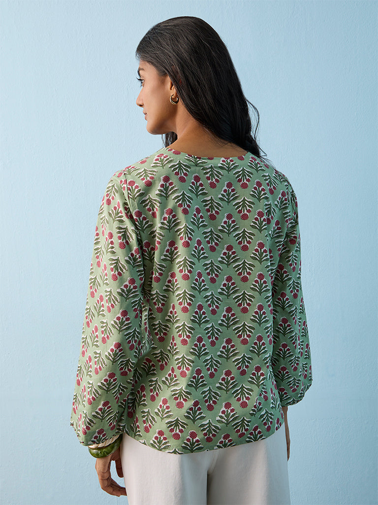 Utsa Sage Green Floral Printed Cotton Tunic
