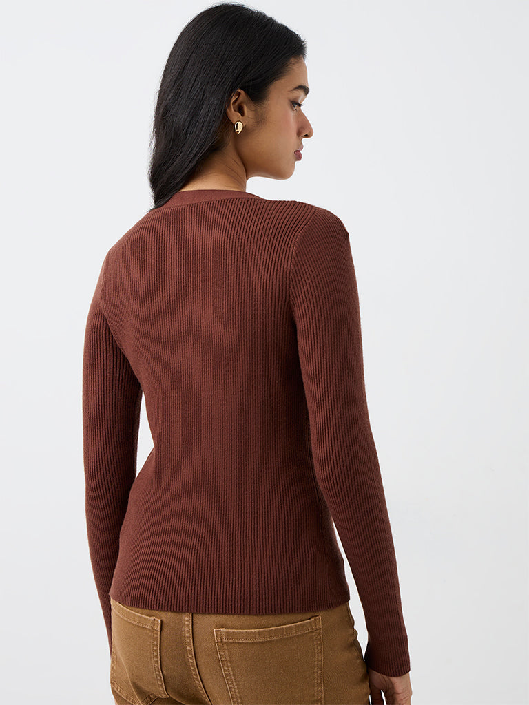 LOV Dark Brown Ribbed-Knit Top