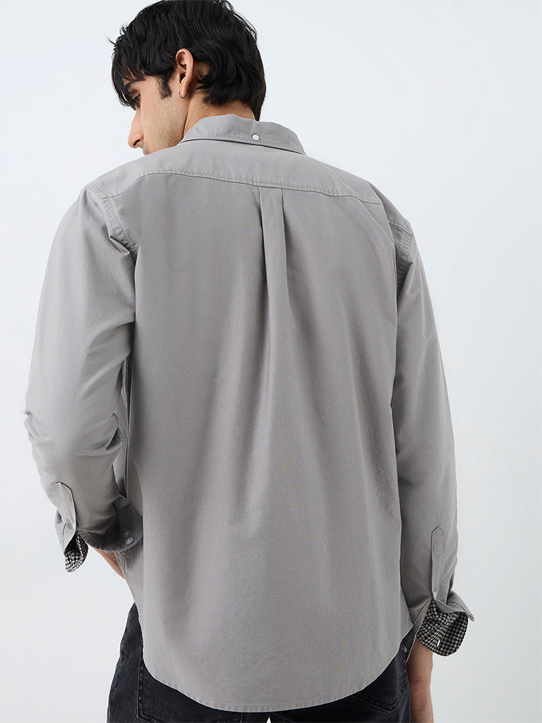 WES Casuals Grey Solid Relaxed-Fit Cotton Shirt