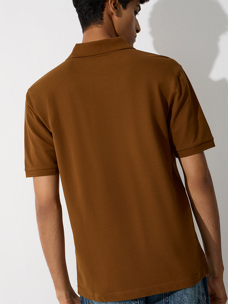 WES Casuals Brown Relaxed-Fit Cotton-Blend Polo T-Shirt
