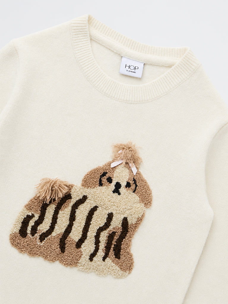 HOP Kids Girls Off-White Dog Embroidered Sweater