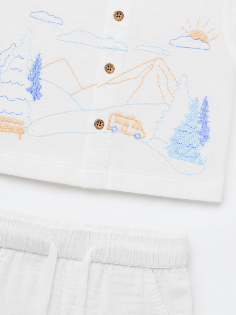 HOP Baby Boys White Nature-Inspired Cotton Shirt and Shorts Set