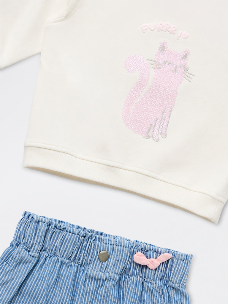 HOP Baby Girls Off-White Cat Design Cotton Sweatshirt and Pants Set
