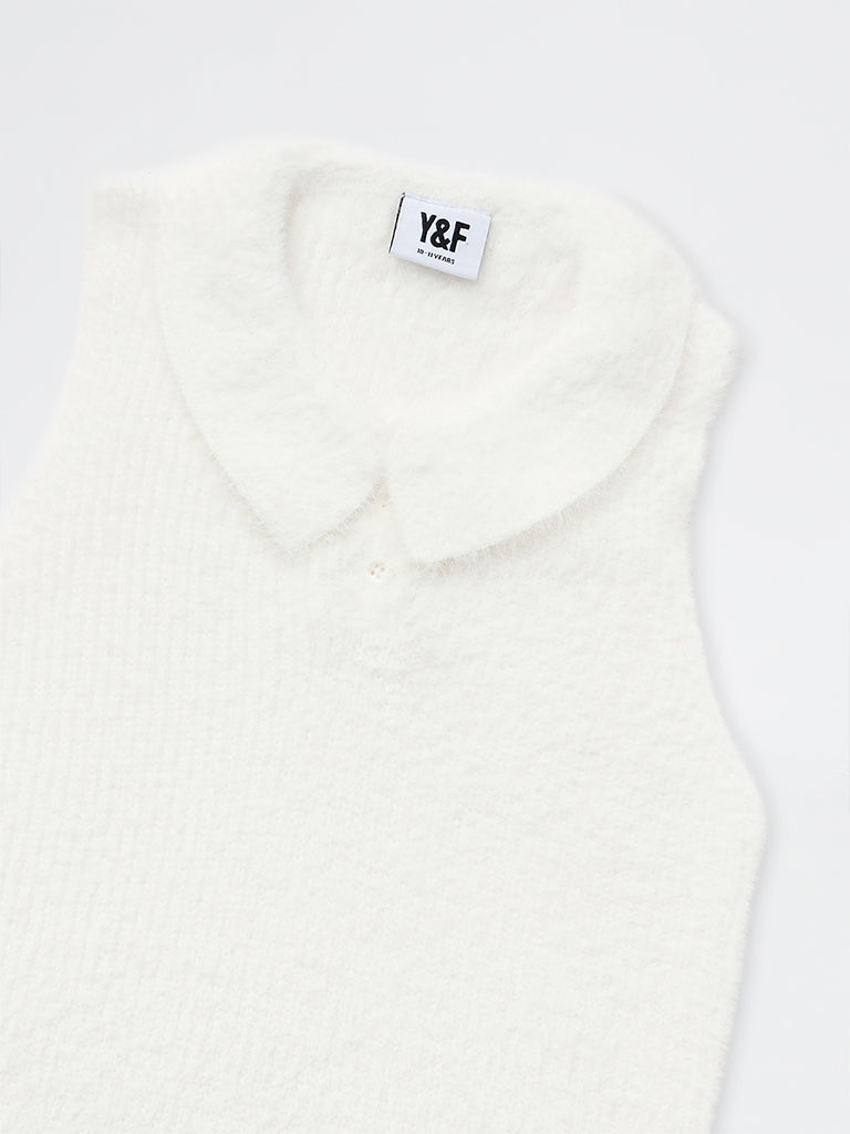 Girls White Fleece-Textured Polo Sweater