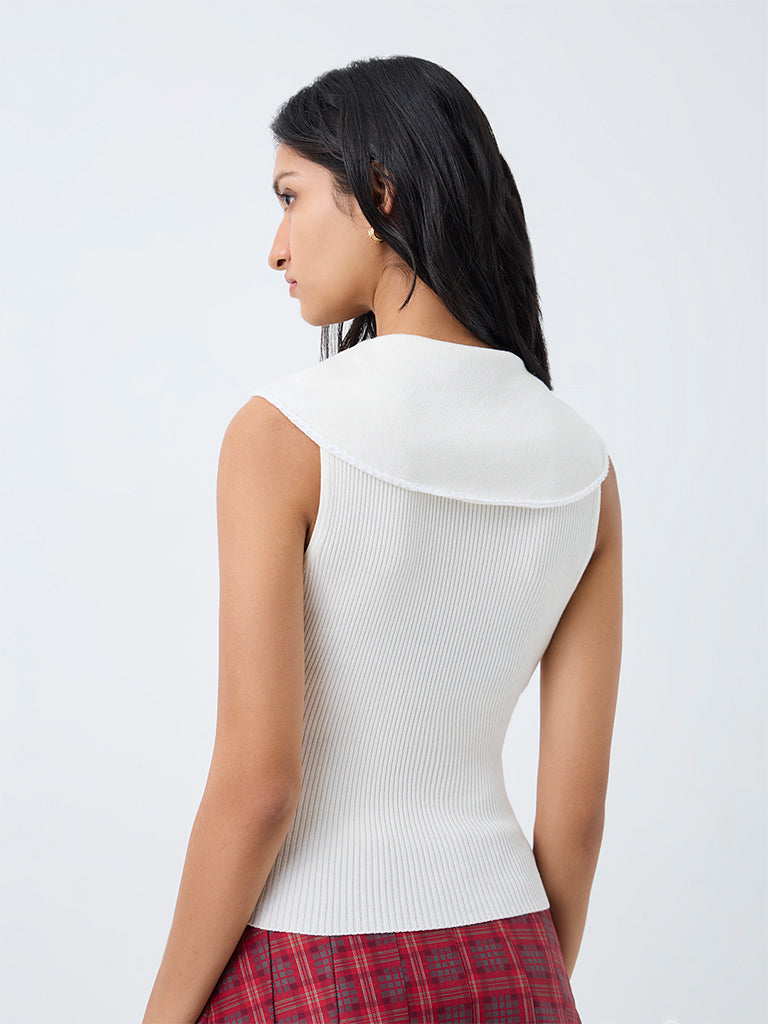 Nuon Off-White Ribbed Tie-Up Detail Top