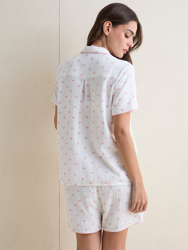 Wunderlove White Heart Printed Cotton Shirt and Shorts Set