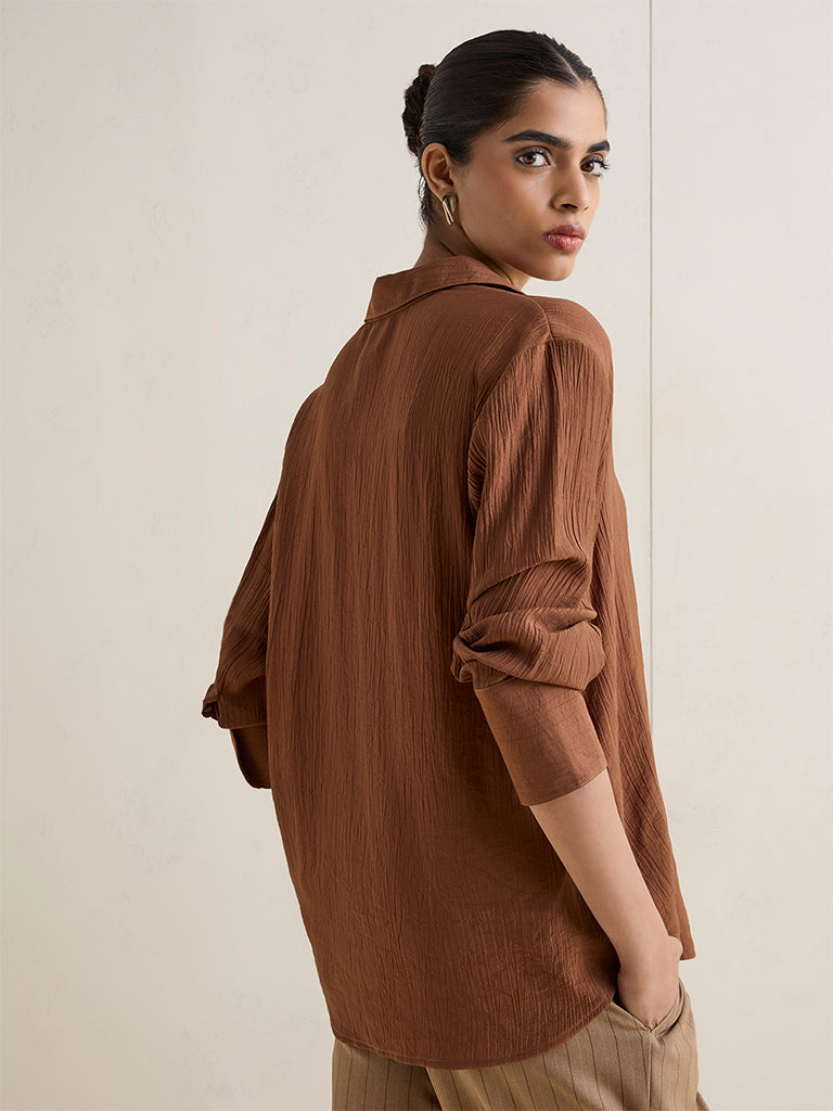 Wardrobe Brown Self-Textured Shirt