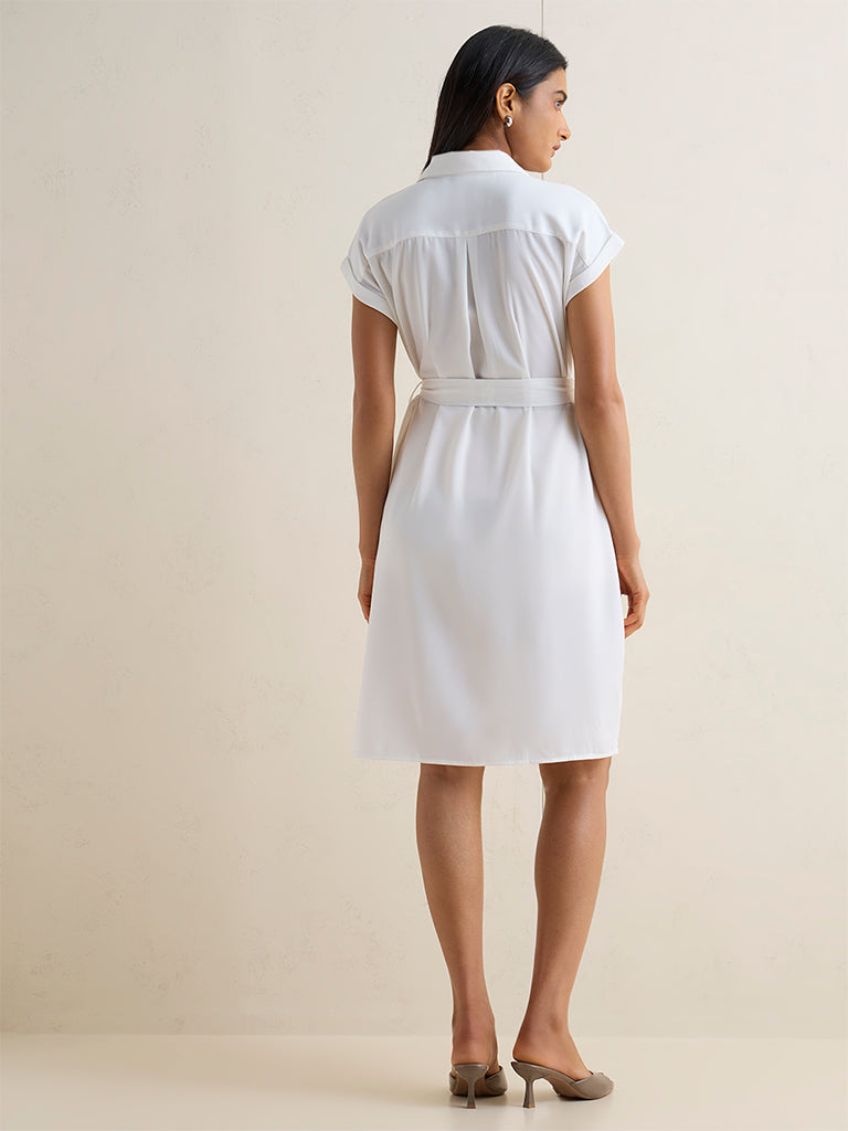 Wardrobe White Solid Shirt Dress with Belt