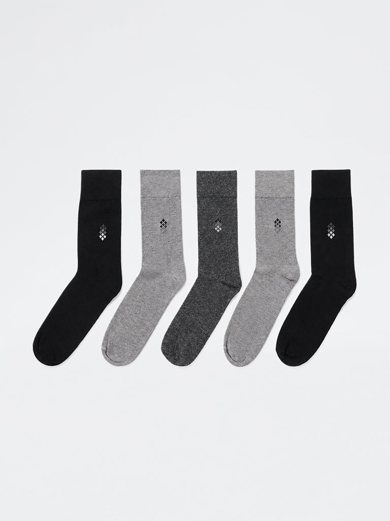 WES Lounge Grey Printed Cotton-Blend Full Length Socks - Pack of 10