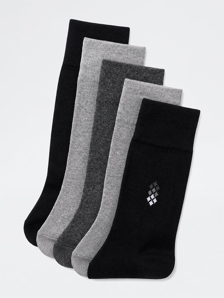 WES Lounge Grey Printed Cotton-Blend Full Length Socks - Pack of 5