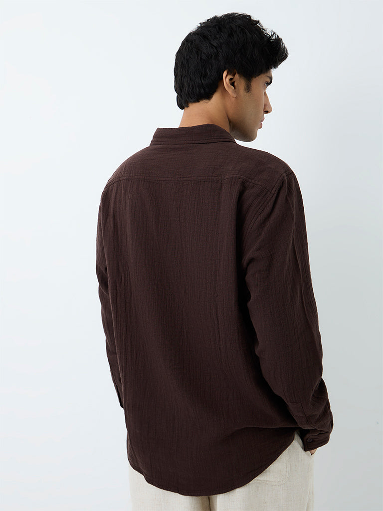 ETA Dark Brown Crinkle-Textured Relaxed-Fit Cotton Shirt