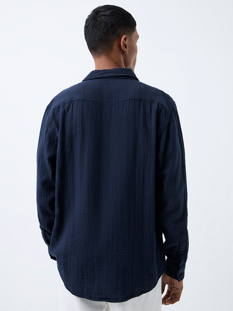 ETA Navy Crinkle-Textured Relaxed-Fit Cotton Shirt