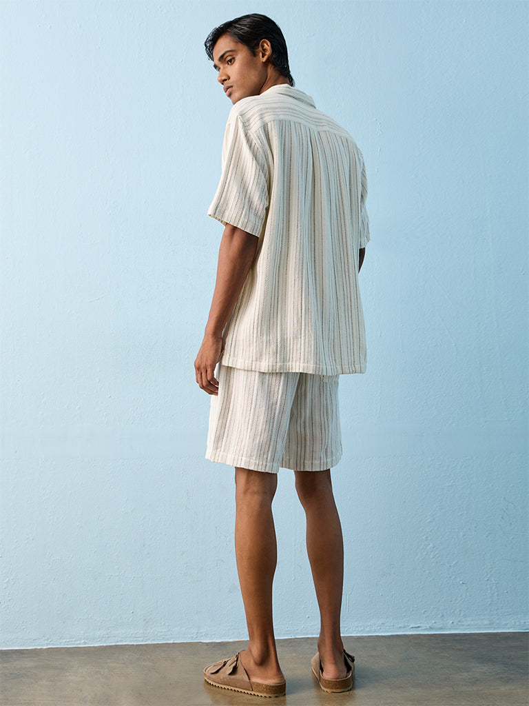 ETA Off-White Stripe Embroidered Relaxed-Fit Mid-Rise Cotton Shorts