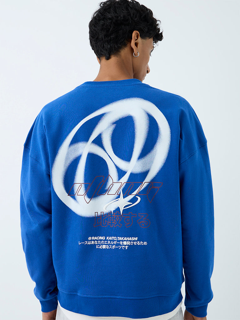 Nuon Blue Graphic Printed Relaxed-Fit Cotton Sweatshirt