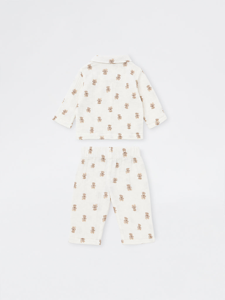 HOP Baby Boys White Teddy Printed Cotton Shirt and Pants Set