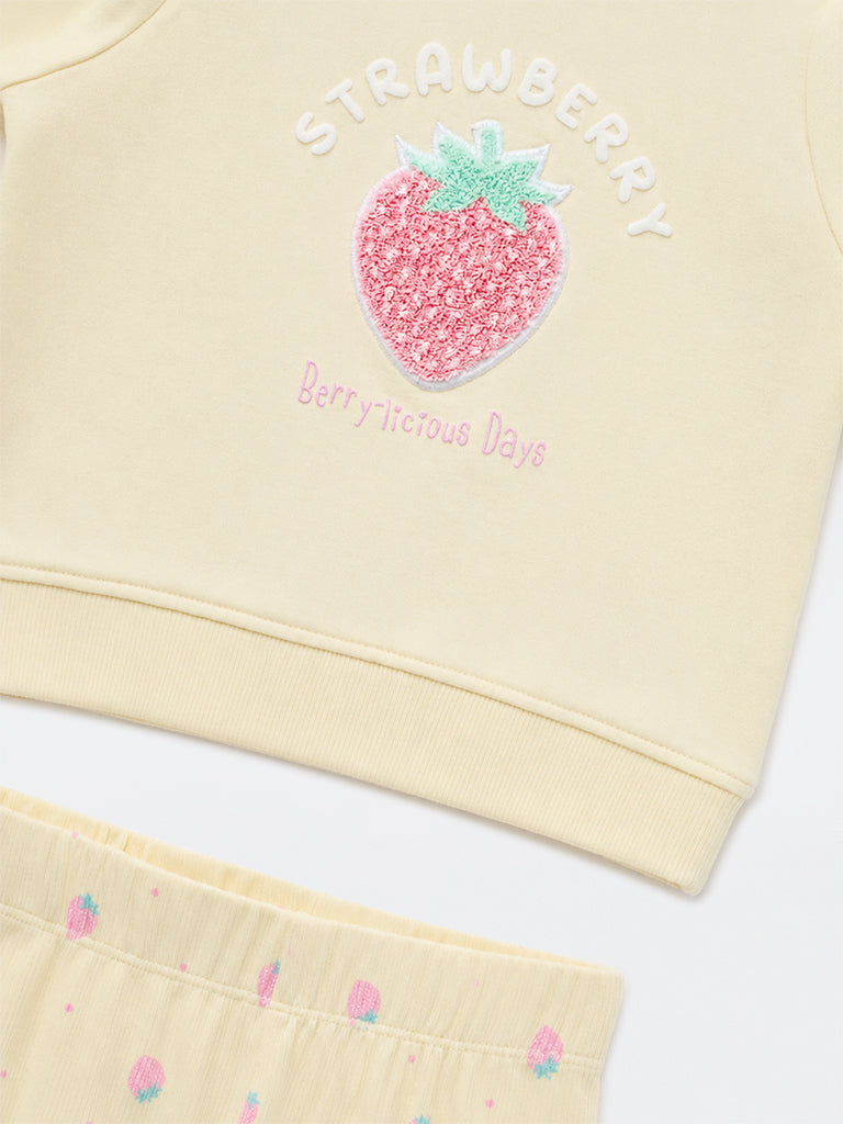 HOP Baby Girls Yellow Strawberry Design Cotton Sweater and Pants Set