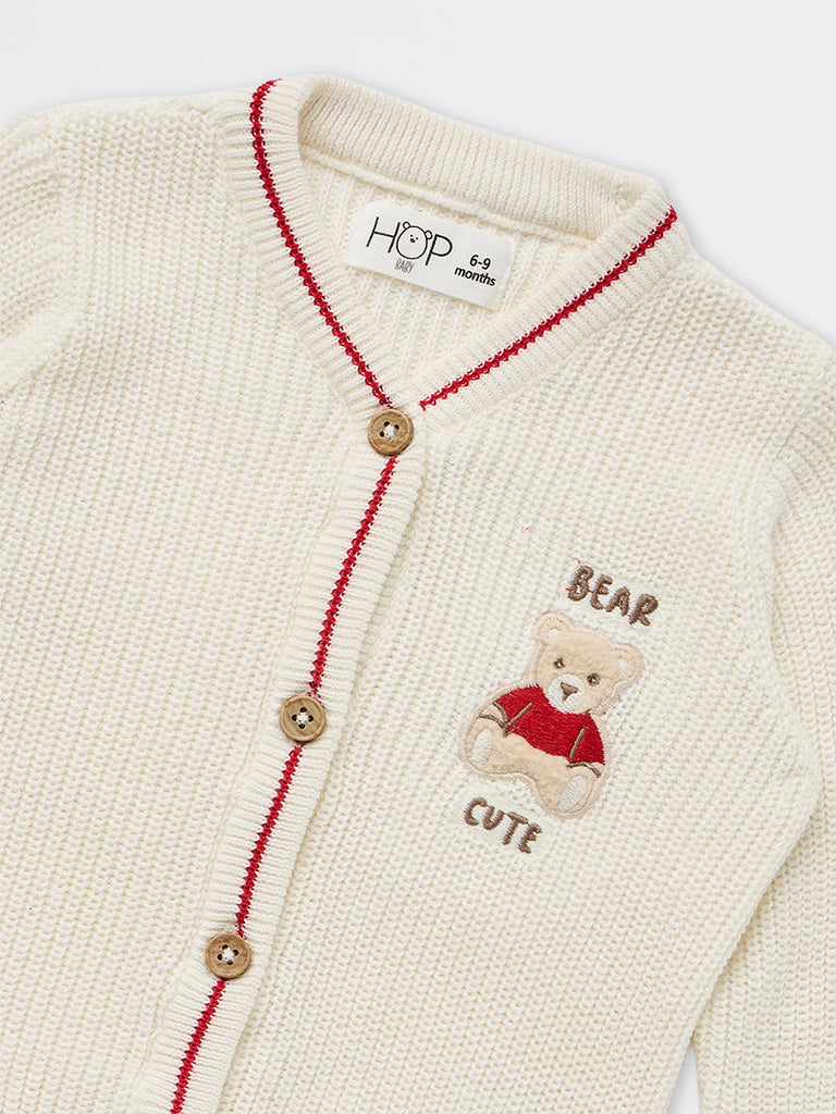 HOP Baby Girls Off-White Teddy-Detail Knitted Cotton Cardigan